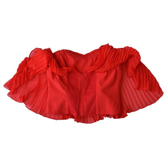 Guess Bright Red Micro Pleated Chiffon Off Shoulder Crop Top Blouse Size Large - Picture 5 of 7